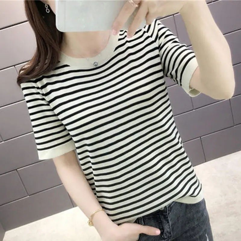 Женская футболка сезон весна-лето 2020 новые футболки топы вязаные в полоску с