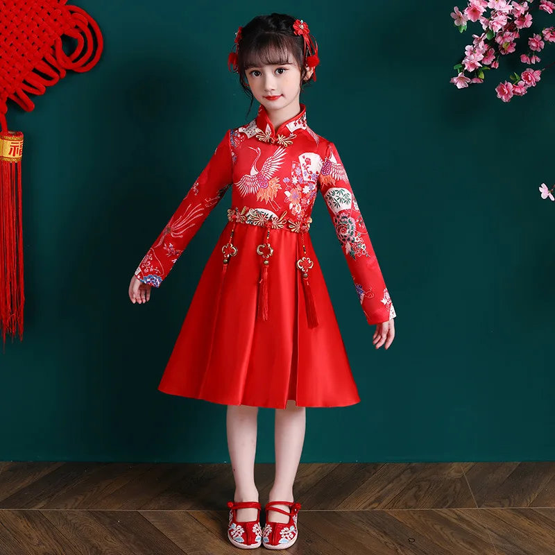 

Красное платье ханьфу с длинным рукавом и вышивкой для девочек, сказочный Детский костюм Тан, китайское Новогоднее платье для девочек