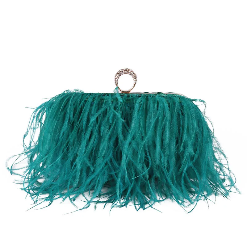

Luxury Real Ostrich Feathers Handbag Evening Bags Women's Pouch Purse Pink Green Diamond Clutch Party Messenger Bag For Ladies