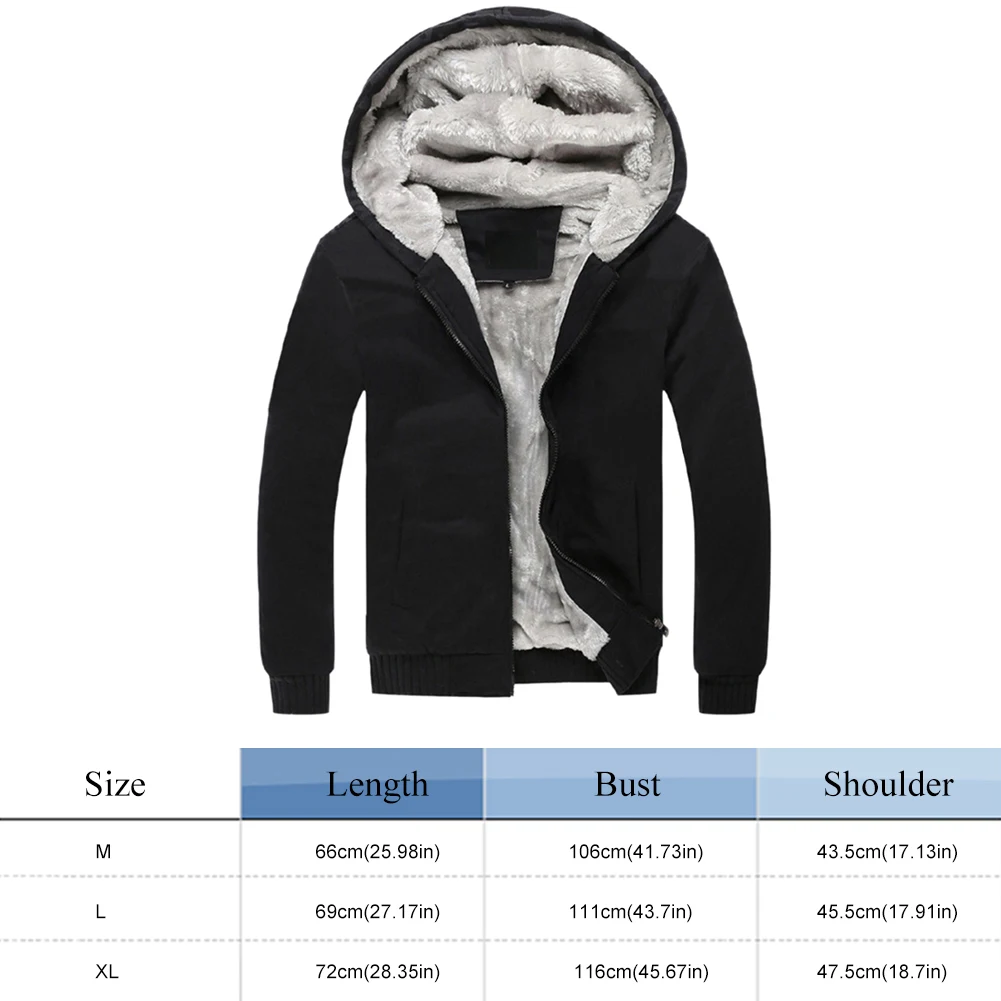 

Winter Warm Hooded Coat Men Fleece Solid Color Baseball Top Jacket Leisure Sports Casual Thicken Clothing Outerwear w/Pocket