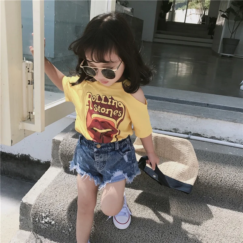 Летняя одежда для девочек хлопковая футболка с коротким рукавом и круглым