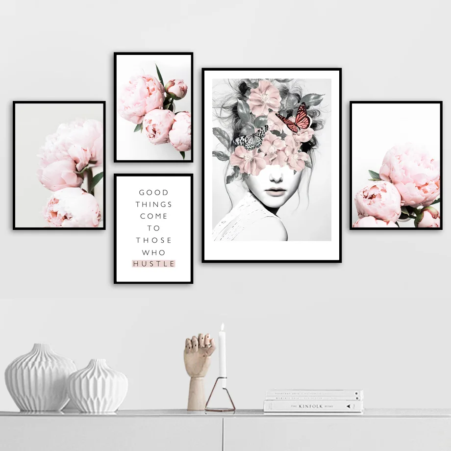 

Pink Rose Fashion Girl Peony Flower Plant Wall Art Canvas Painting Nordic Posters And Prints Wall Pictures For Living Room Decor
