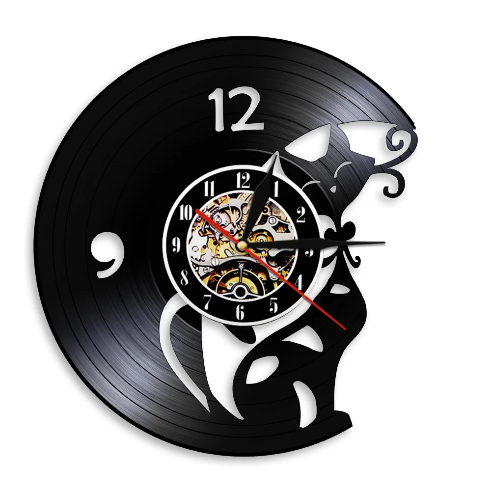 Cat Artwork Decorative Wall Clock Kitty Animal Exclusive Vinyl Record Hanging Watches Handmade Silent Decor For Children's Room