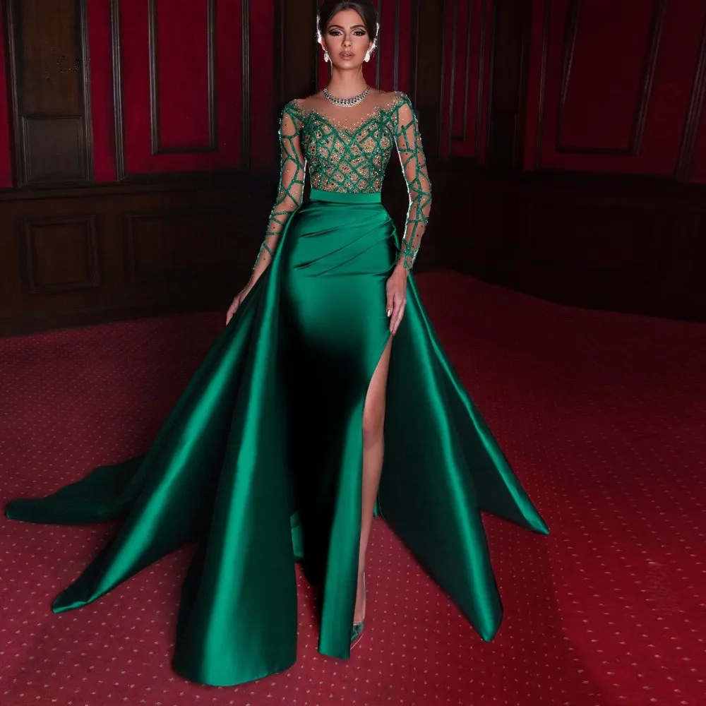 Royal Emerald Green Beaded Mermaid Evening Dresses With Detachable Train Colorful Crystal Split Long Evening Gowns Full Sleeves