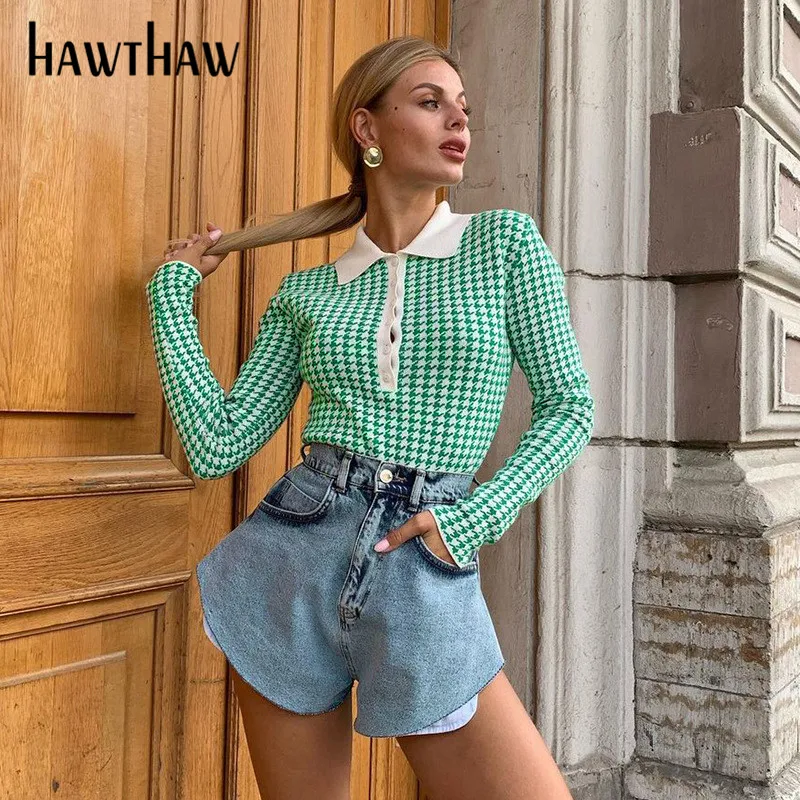 

Hawthaw Women Fashion Autumn Long Sleeve Houndstooth Printed Plaid Button Up Shirt Green Tops 2021 Fall Clothes Wholesale Items