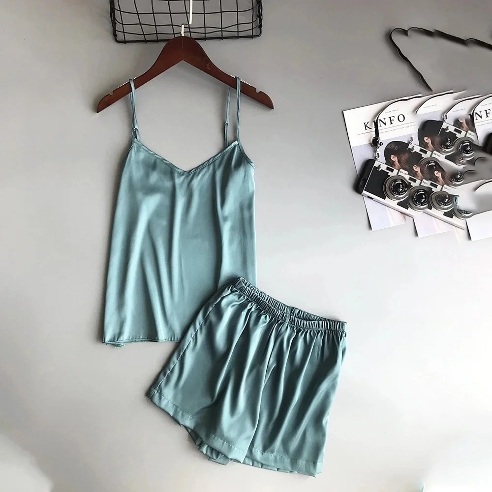 

Летняя пижама из тонкой ткани комплект женские Ледяной шелк с V образным вырезом Однотонная рубашка без рукавов Женская домашняя одежда кос...