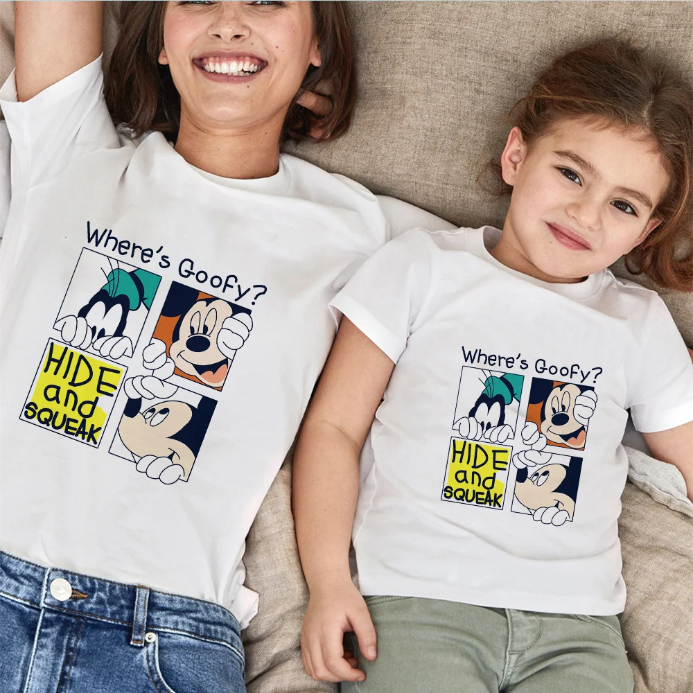 Where's Goofy Summer Family Tshirt Short Sleeve Casual White O-neck Tshirts Baby Kids Mommy And Me Matching Outfits | Мать и ребенок