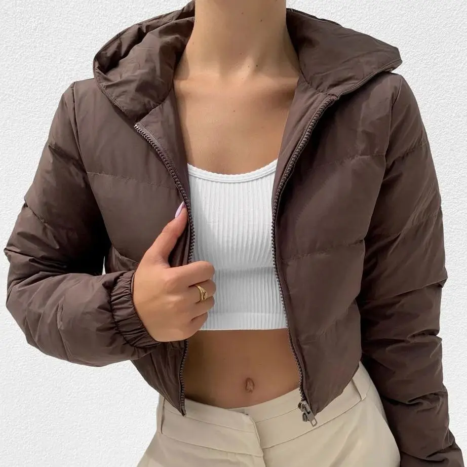 

KRSB Autumn Winter Women's Brown Thick Cotton Dress With Hood Zipper Long-Sleeved Short Cotton Dress Za Retro Casual Style