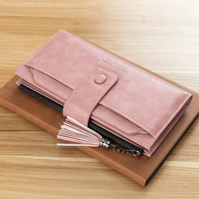 Кожаный женский кошелек с кисточками удлиненный бумажник на молнии для телефона