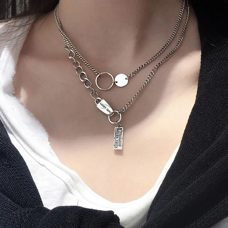 

MEYRROYU Sterling Silver Retro Punk Style Necklace Creative Design Letter Pendant Circle Jewelry For Women Party Gift Adjustable