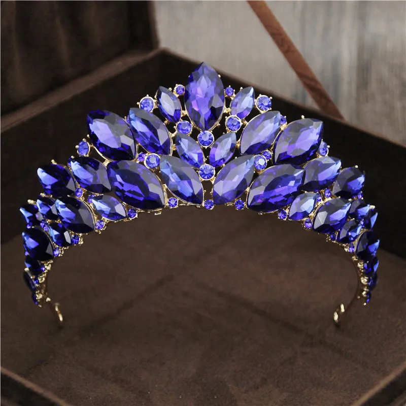 Gold Blue Роскошный головной убор принцессы, свадебная тиара, корона с красными кристаллами, ободки, вечерние аксессуары для выпускного, свадебные украшения для волос - Окраска металла: Gold Blue