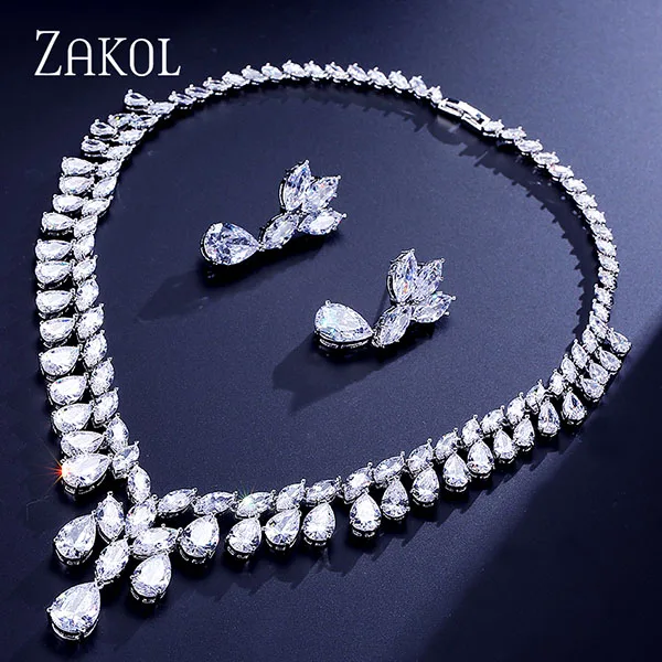 White Новинка от бренда ZAKOL, серьги в виде капли воды с кубическим цирконием и ожерелье, ювелирный набор, роскошный свадебный ужин, платье по заводской цене, FSSP306 - Окраска металла: White