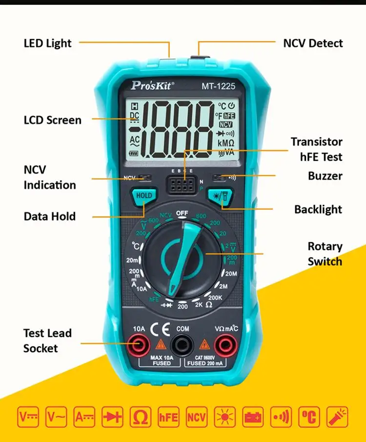 Pro'sKit MT-1225 3-1/2 THE VERSATILE DIGITAL MULTIMETER For ACV DCA DCV Resistance Diode test Triode and Continuity | Инструменты