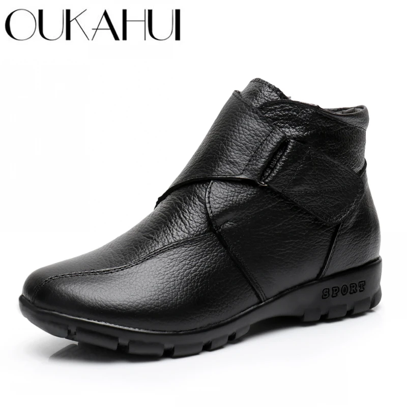 OUKAHUI/осенние простые черные зимние ботинки из натуральной кожи женские кожаные