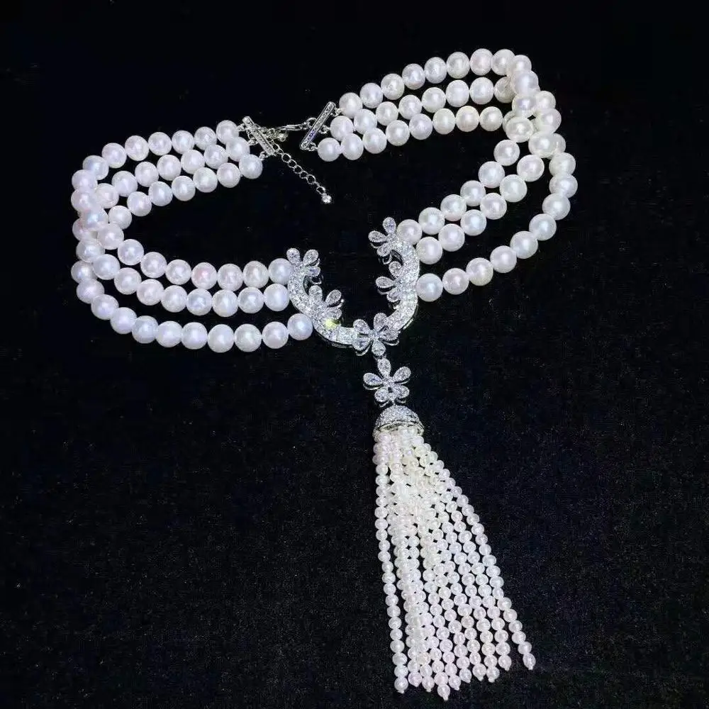 Hand knotted 3strands 8-9mm white freshwater cultured pearl micro inlay zircon accessories necklace long 43-48cm | Украшения и