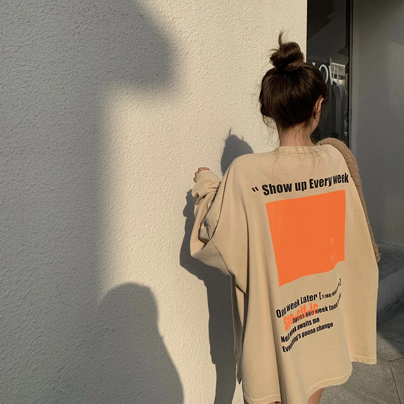 Весна Осень 2020 корейский стиль с принтом сзади свободная толстовка женские