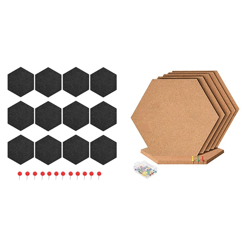 

1 Set Felt Memo Board Decorative & 1 Set Hexagon Cork Board Tiles Self Adhesive Thick Corkboards