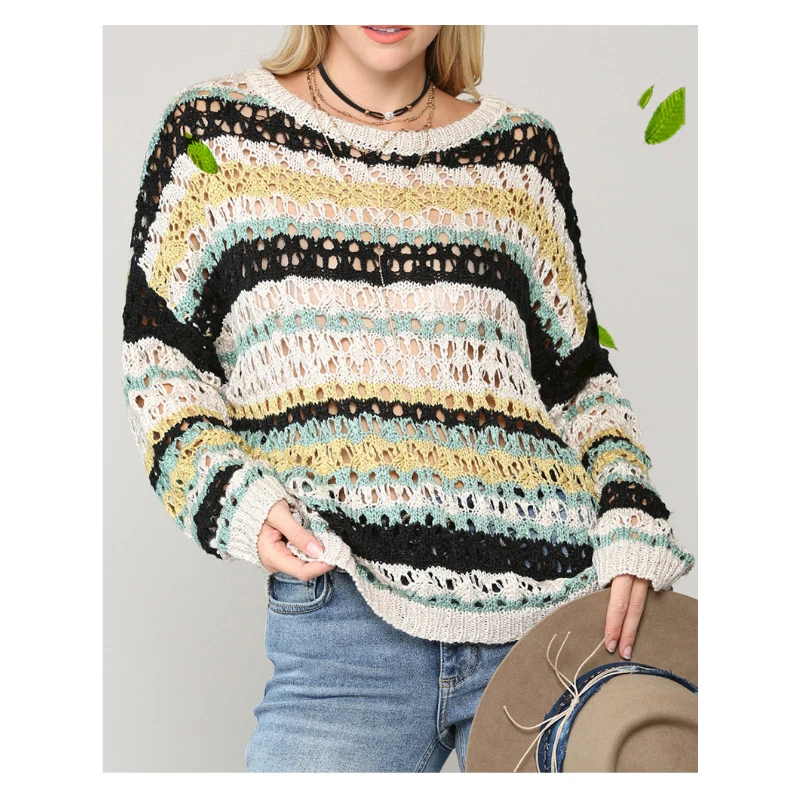 

Spring Autumn Fashion Women Knitted Pullovers Color Stripes Long-Sleeved Hollow Out Tops Loose Basic Clothes Ladies Clothes
