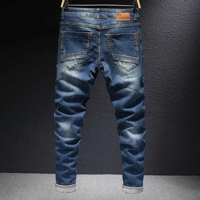 European Vintage Fashion Men Jeans Retro Dark Blue Elastic Slim Fit Ripped Jeans Men Korean Style Street Designer Denim Pants