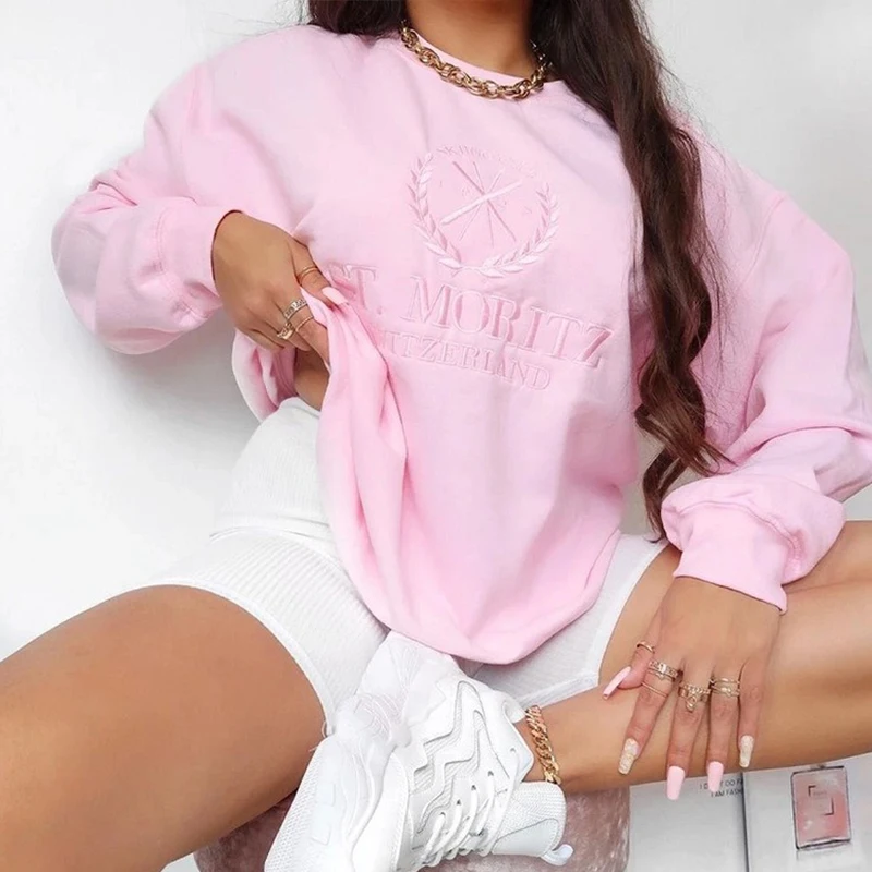 

Hip Hop Letter Embroidery Pullover Loose Oversized Hoodies Women Sweatshirt 2021 Fall Winter Warm New Fashion Pink Tops Clothes