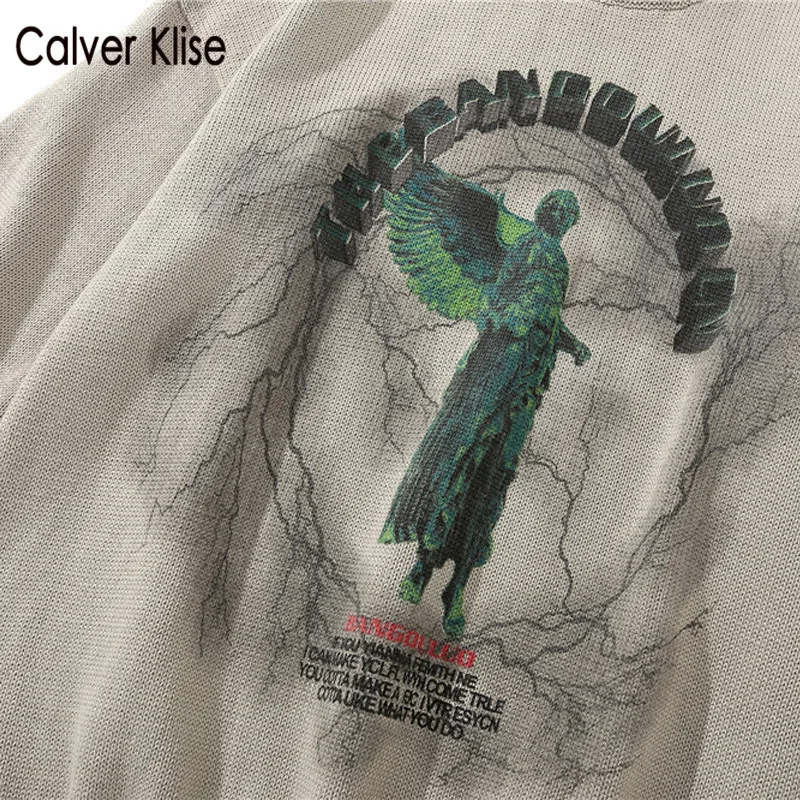 

Calver Klise Jesus Print Knitted Pullover Sweater Harajuku Streetwear Fashion Hip Hop Loose Tops Mens Oversize American Knitwear