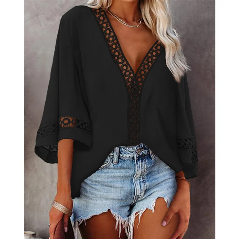 

Mandylandy Women Summer Lace Hollow Out Blouse Shirt Top Lady Elegant Deep V Neck Flare Sleeve Casual Fashion T-shirt