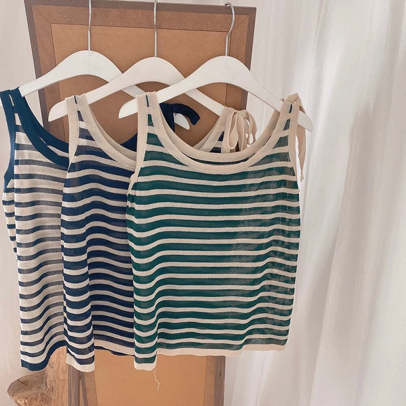 

Striped Summer Knitted Camis Tops Women Bow Lace Up Sleeveless Knitwear Shirts Tops Casual Vintage Thin Streetwear Z725