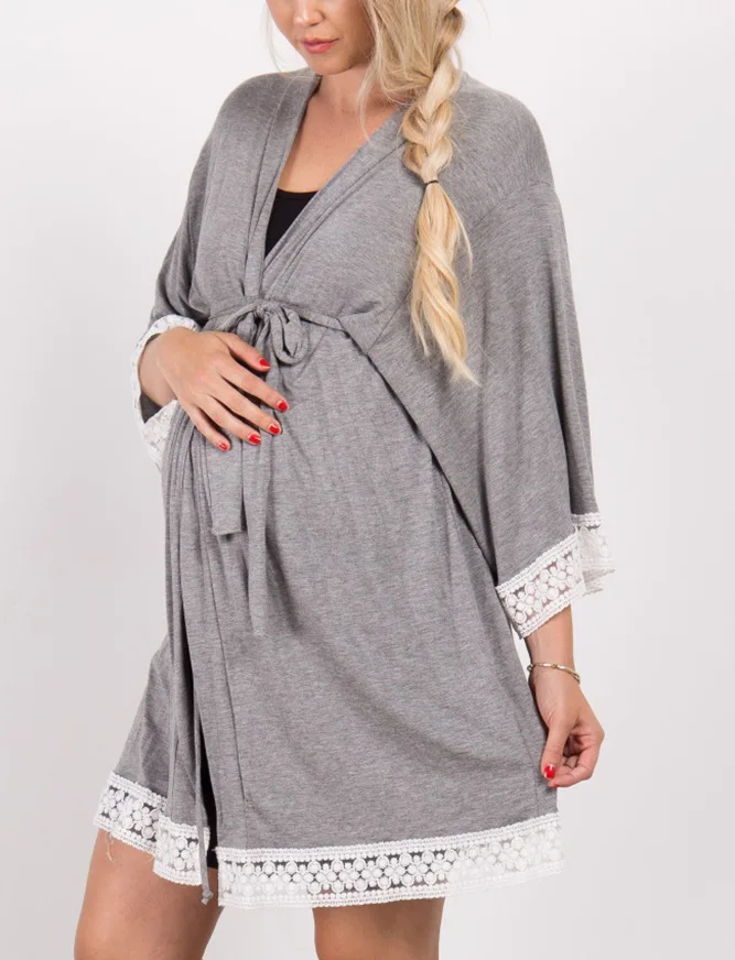 Best selling solid color maternity dress lace stitching seven-point sleeves with cardigan breastfeeding robes pajama | Мать и ребенок
