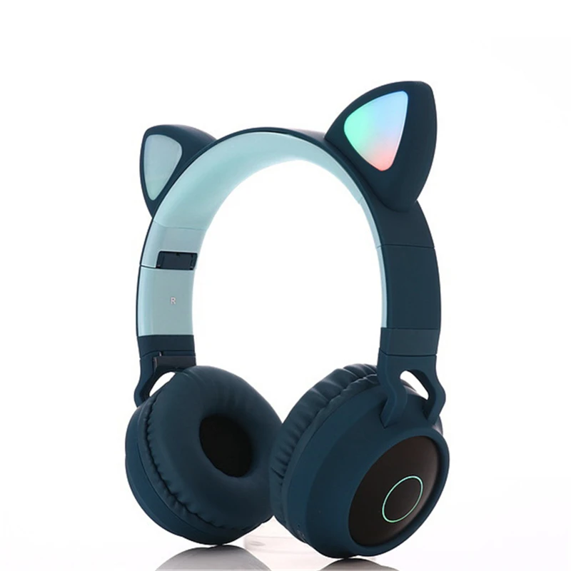 Милые наушники Kawai с кошачьими ушками, Bluetooth 5,0, беспроводные наушники для девочек, мигающие светящиеся стереогарнитура с микрофоном, поддержка TF карты - Цвет: Тёмно-синий