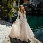 Женское кружевное свадебное платье с V-образным вырезом, длинным рукавом