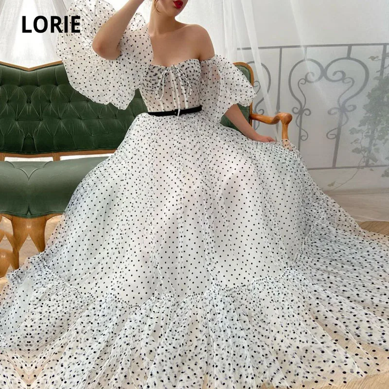 LORIE Vestidos de Fiesta árabes, mangas abullonadas, lunares, largos, con volantes, blancos y negros, para verano, 2021 (0)