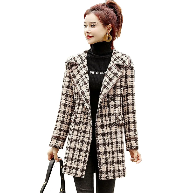 

Женское шерстяное пальто Nice Pop, Женская осенне-зимняя шерстяная куртка в клетку, двубортное шерстяное пальто с поясом, верхняя одежда для же...