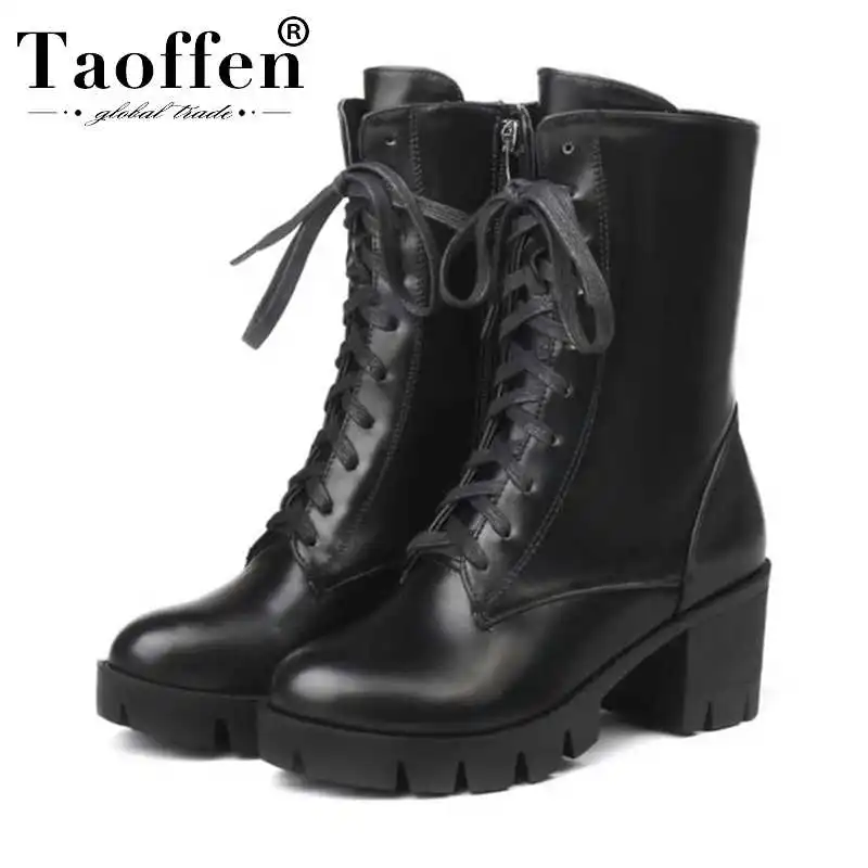 Женские байкерские ботинки Taoffen теплые на меху с закругленным носком платформе