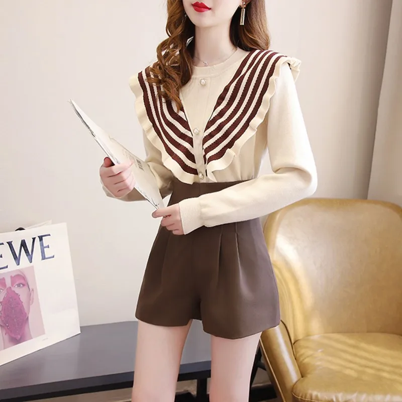 

Женский комплект из двух предметов, элегантный трикотажный свитер с оборками и твидовые шорты с высокой талией, Осень-зима 2021