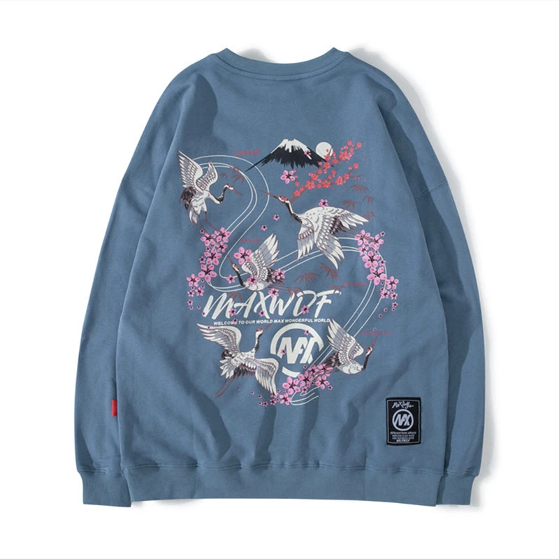 

Japanese Style Cranes Flowers Print Sweatshirts Hoodies Streetwear Men Hip Hop Harajuku Pullover Sweat Shirts Pure Cotton Tops