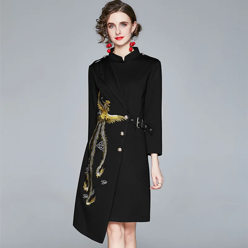 

Новинка Осень 2023 шикарный Свободный Повседневный женский халат с длинными рукавами и вышивкой элегантное женское черное винтажное платье ...