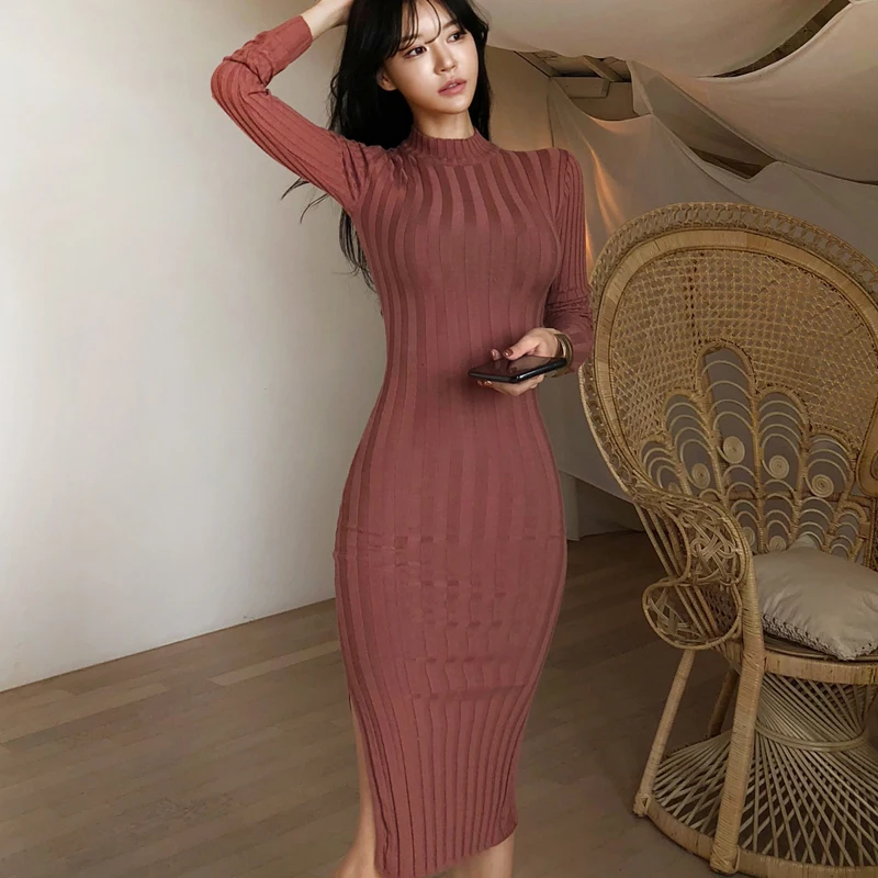 

Elegant Half Turtleneck Women Knitted Dress Midi Ladies Slim Waist Side Split Skinny Sweater Dress Autumn Vestidos JK525