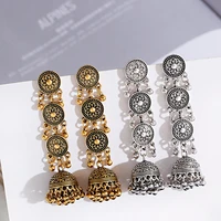 gypsy afghani round multi layer indian jhumka earrings for women bohemian retro gold color bell long tibetan earrings oorbellen
