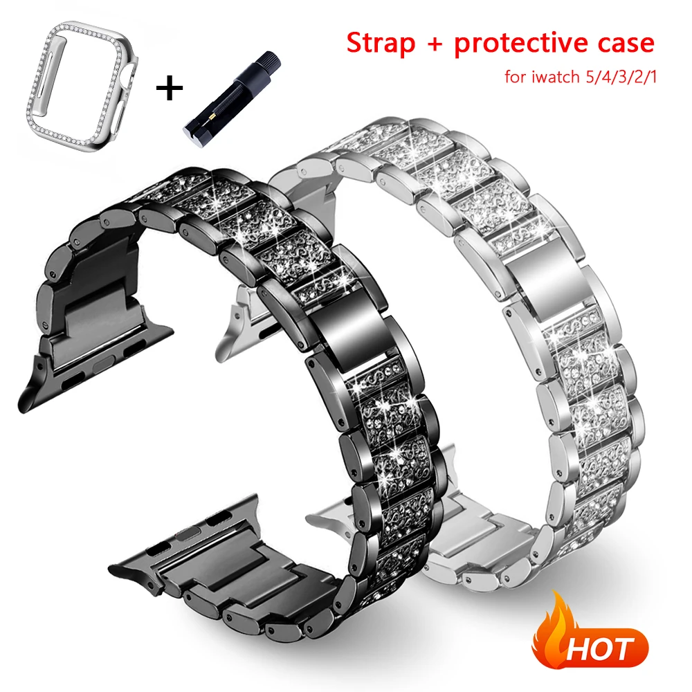 Ремешок + чехол со стразами для Apple Watch Series 654321 Se женский ремешок из нержавеющей