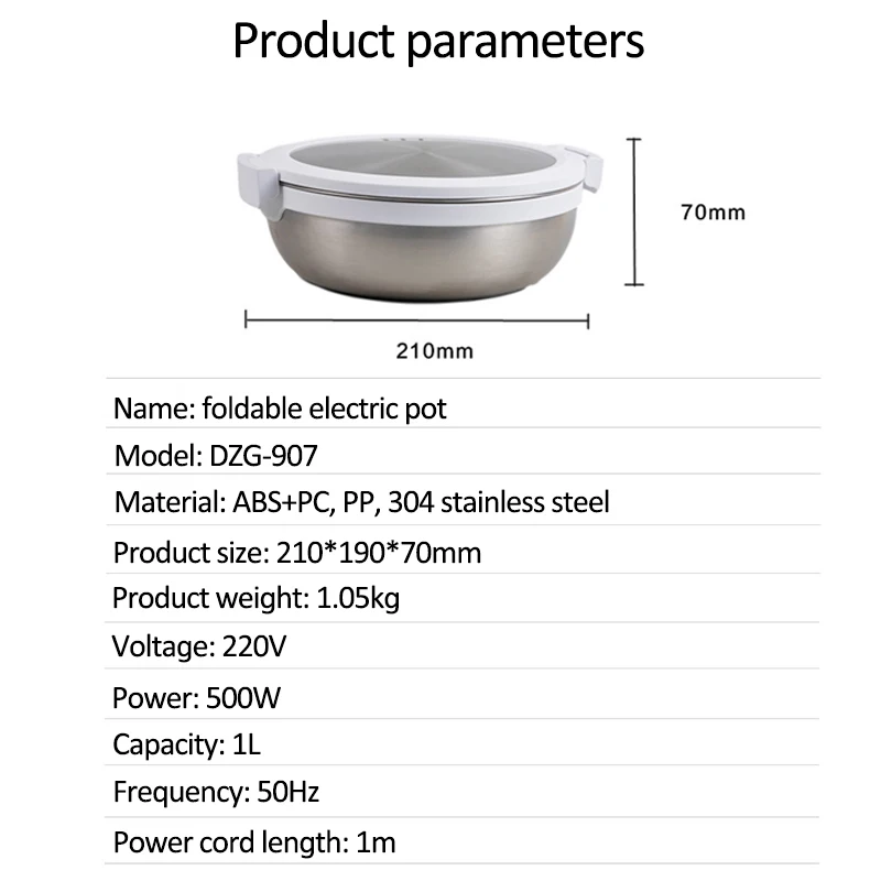 

220V Foldable Electric Hot Pot Portable Multi-cooker Travel Cooking Pot Rice Cooker Split Type Food Cooking Mahine 1L