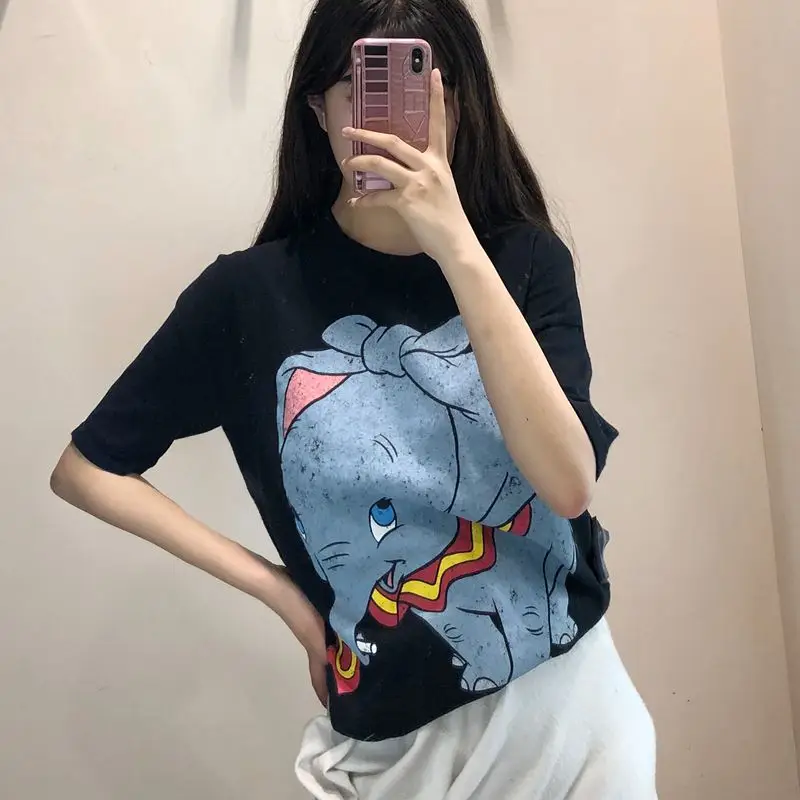 Футболка с принтом Дамбо, модная футболка с принтом животных Kawaii, женские Забавные футболки с коротким рукавом, женские черные топы