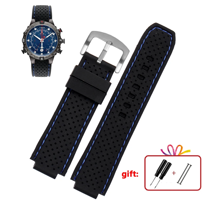Для мужских часов Timex T49859 | T2N720 | T2p141 | T2n722 | 723 | 738 | 739 водонепроницаемый резиновый ремешок 24*16 мм наконечник с инструментами сережки-гвоздики - Цвет ремешка: black blue silver