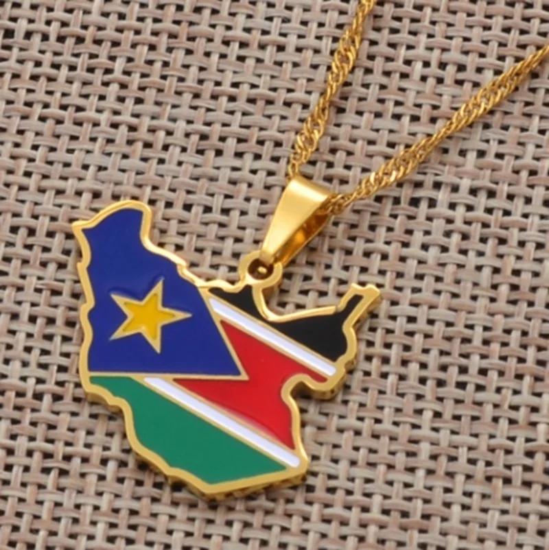 The Republic of South Sudan Map Flag Pendant Necklaces Gold Color Jewelry Sudanese Maps Ethnic Gifts | Украшения и аксессуары
