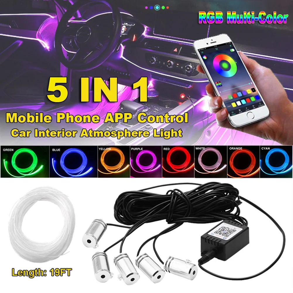 

RGB LED Strips Ambient Light APP Bluetooth Control for Car Interior Atmosphere Light Lamp 8 colors DIY Music 6M Fiber Optic Band