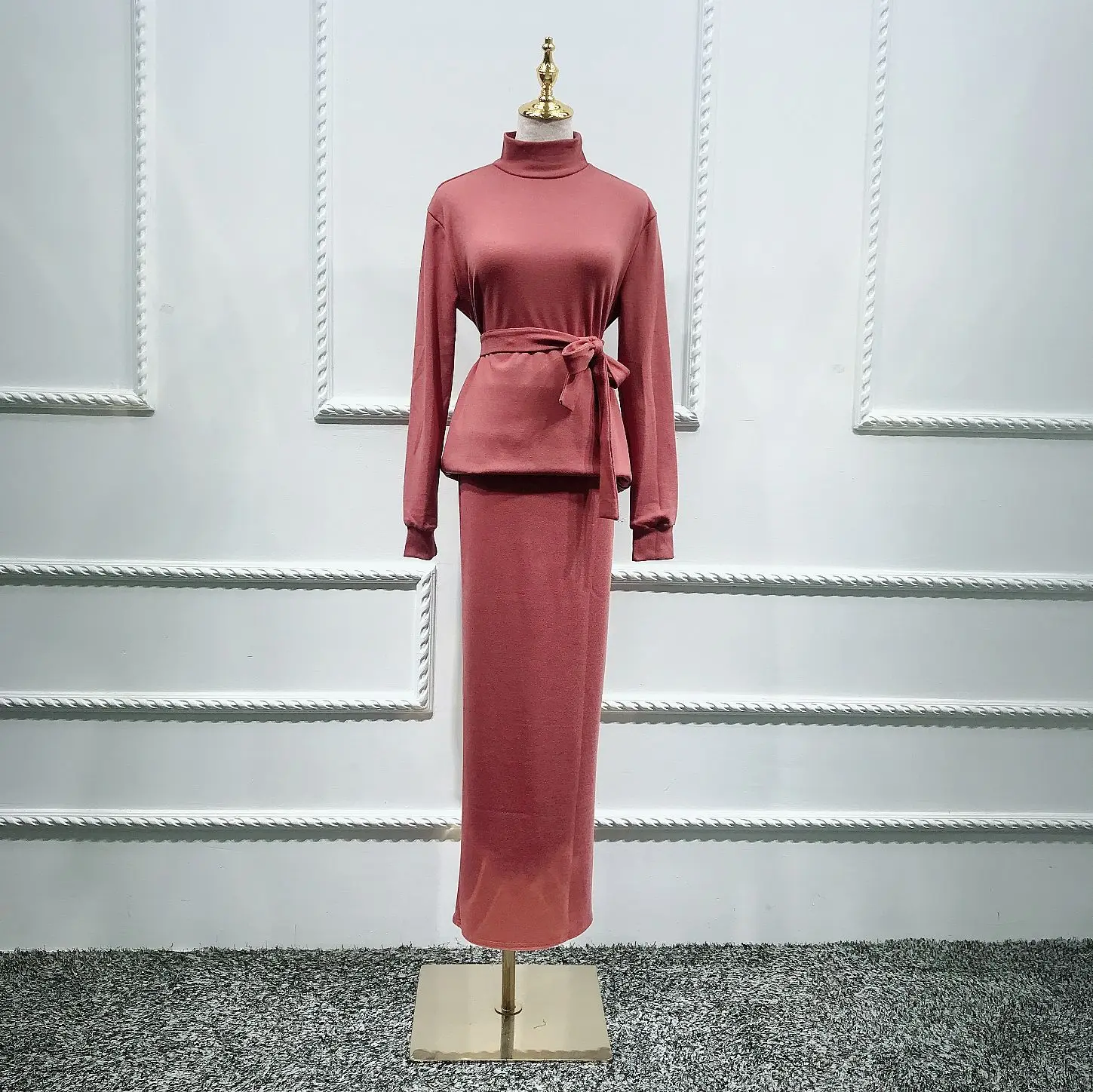 

WEPBEL Muslim Clothing Fashion Ins Women Clothes Set Simple Casual Solid Color Knitted Cotton Suit Ramadan Ankel Length Dress