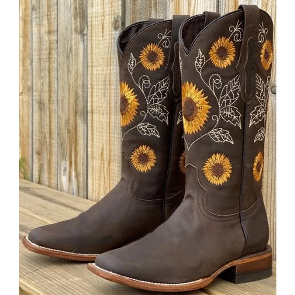 

BONJOMARISA Hot Sale 2020 New Arrival Autumn Embroider Boots Trendy slip-on mid-calf Western Boots Women Med Heels Shoes Woman