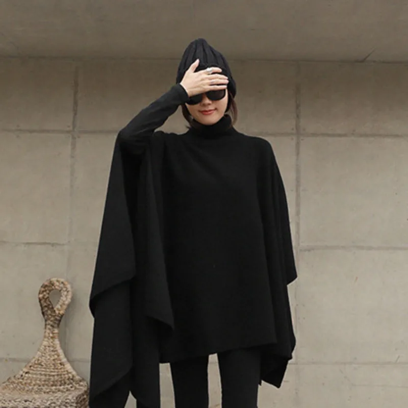 

LANMREM 2021 New Autumn Winter Turtleneck Long-sleeved Bat Sleeve Black Thick Women's Pullover Knitting Coat 2A1628