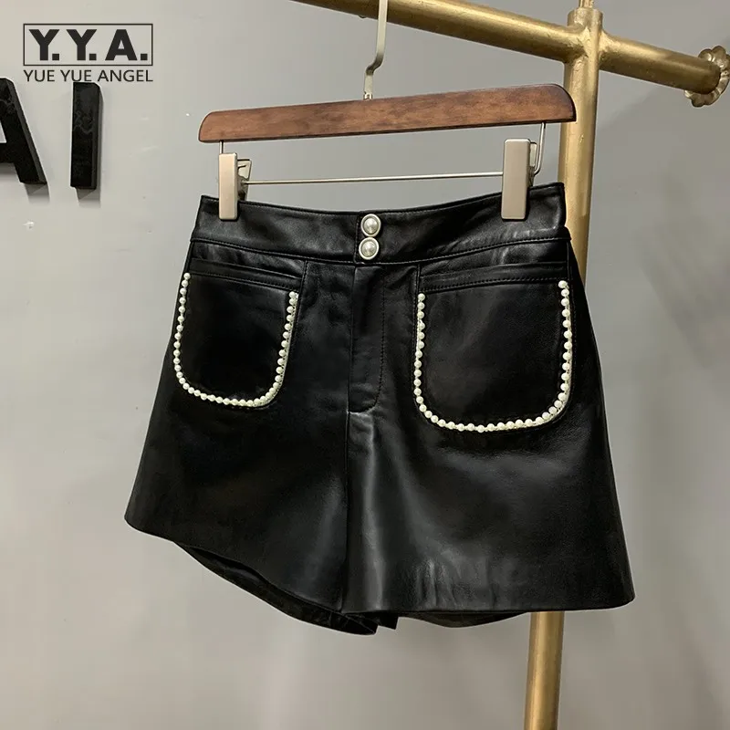 Women Genuine Leather Shorts Fashion Single Breasted Pearls High Waist Wide Leg Shorts Fashion Lady Design Elegant Mini Trouser