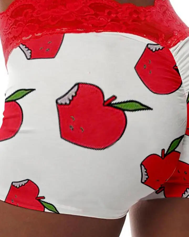 

2021 New Fashion Sexy Women Booty Workout Shorts Lace Patchwork Trim Lips Print Elastic Waist Ruched Shorts Sleepwear