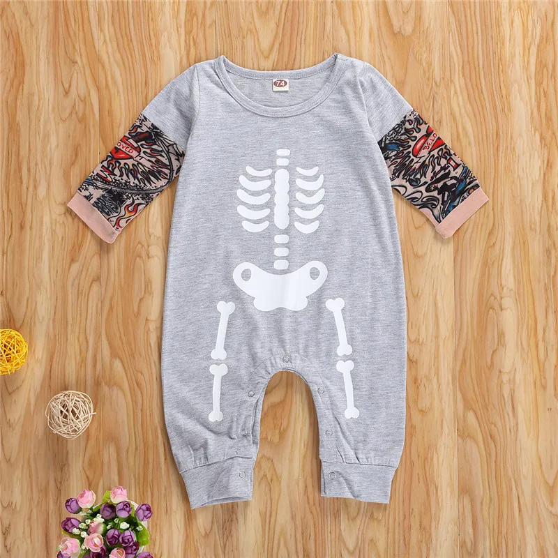 

2020 New Baby Halloween Jumpsuit Hot Fashion Halloween Skeleton Tattoo Short Sleeve Round Neck Cotton Romper One-piece Print Top